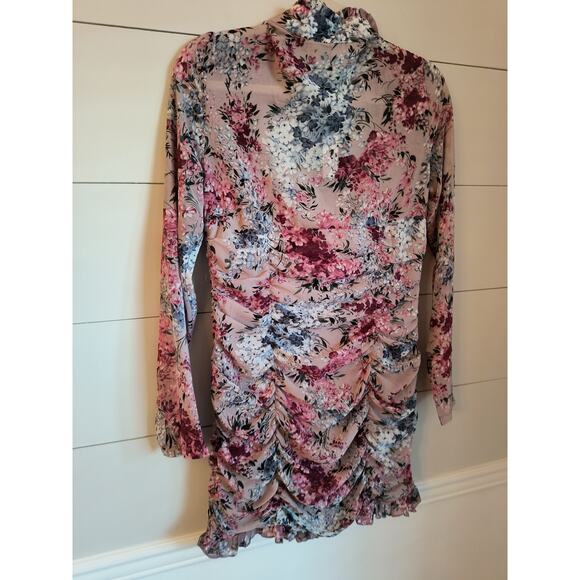 Pretty Little Thing Pink Floral Mini Dress Women's Sz 8 Long Sleeve Lined Ruched - Picture 8 of 16